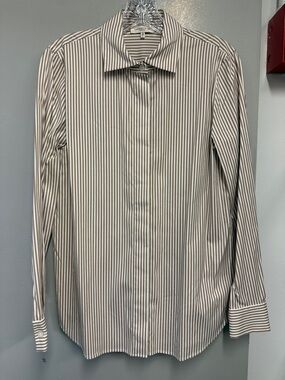 Lafayette 148 New York Beige and White Striped Button-Down Shirt